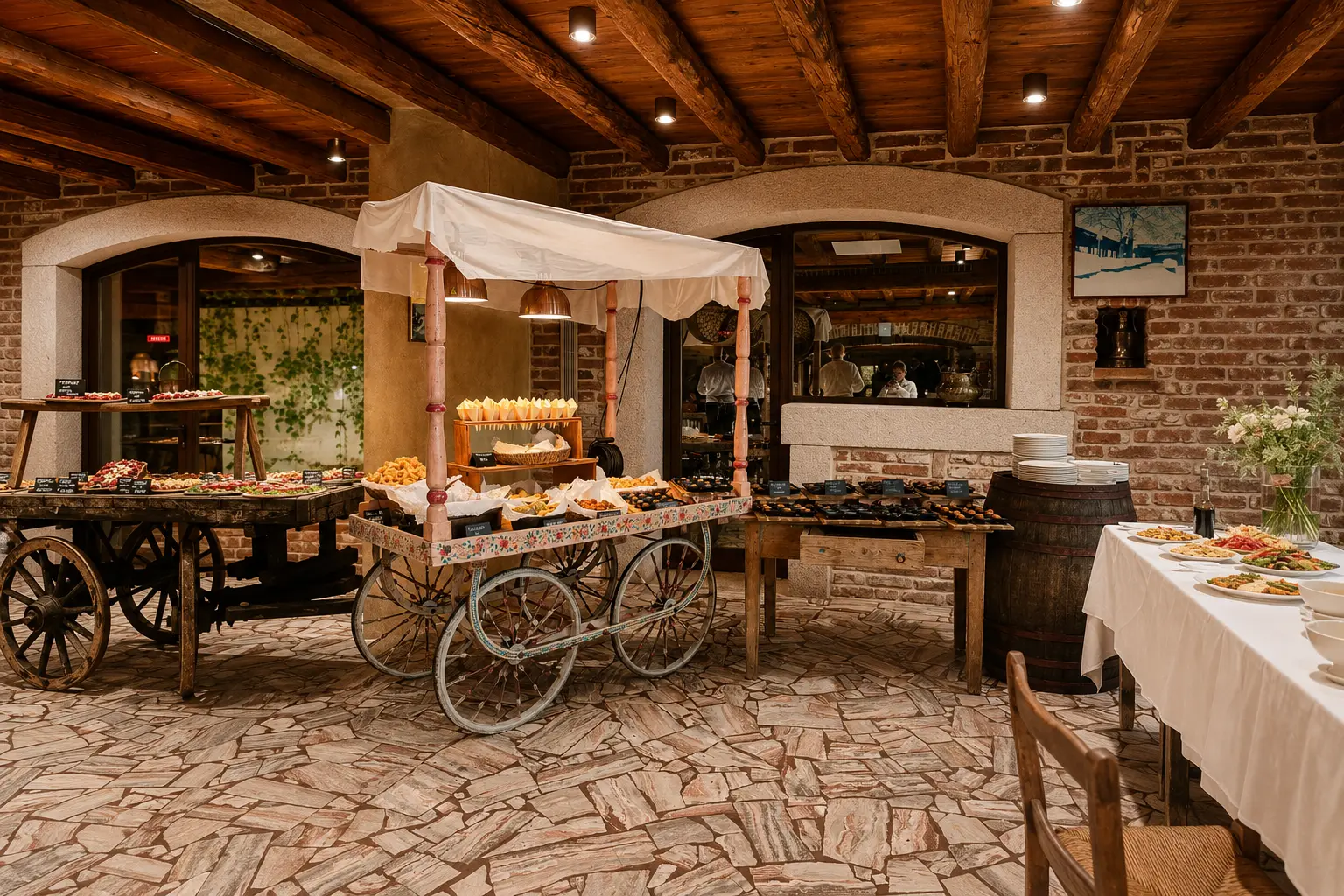 Vista completa della Veranda con carretti e postazioni buffet allestite