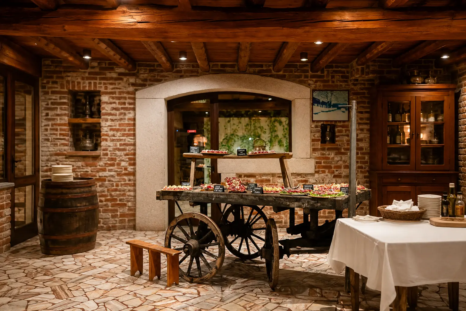Vista completa della Veranda allestita con carretti rustici e postazioni buffet.