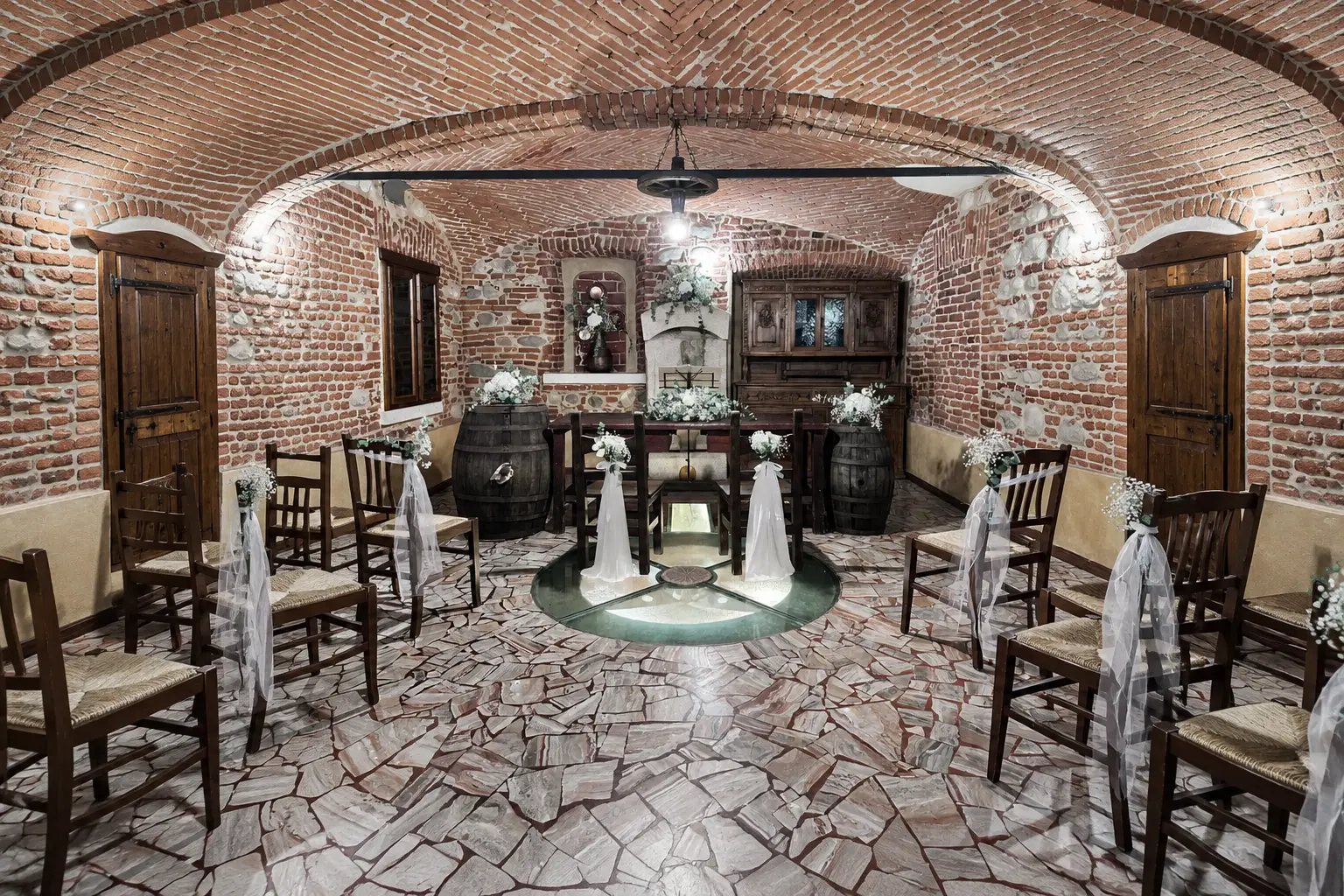 Allestimento per cerimonia di matrimonio nella Sala Pozzo dell’Antico Ristoro del Ticino
