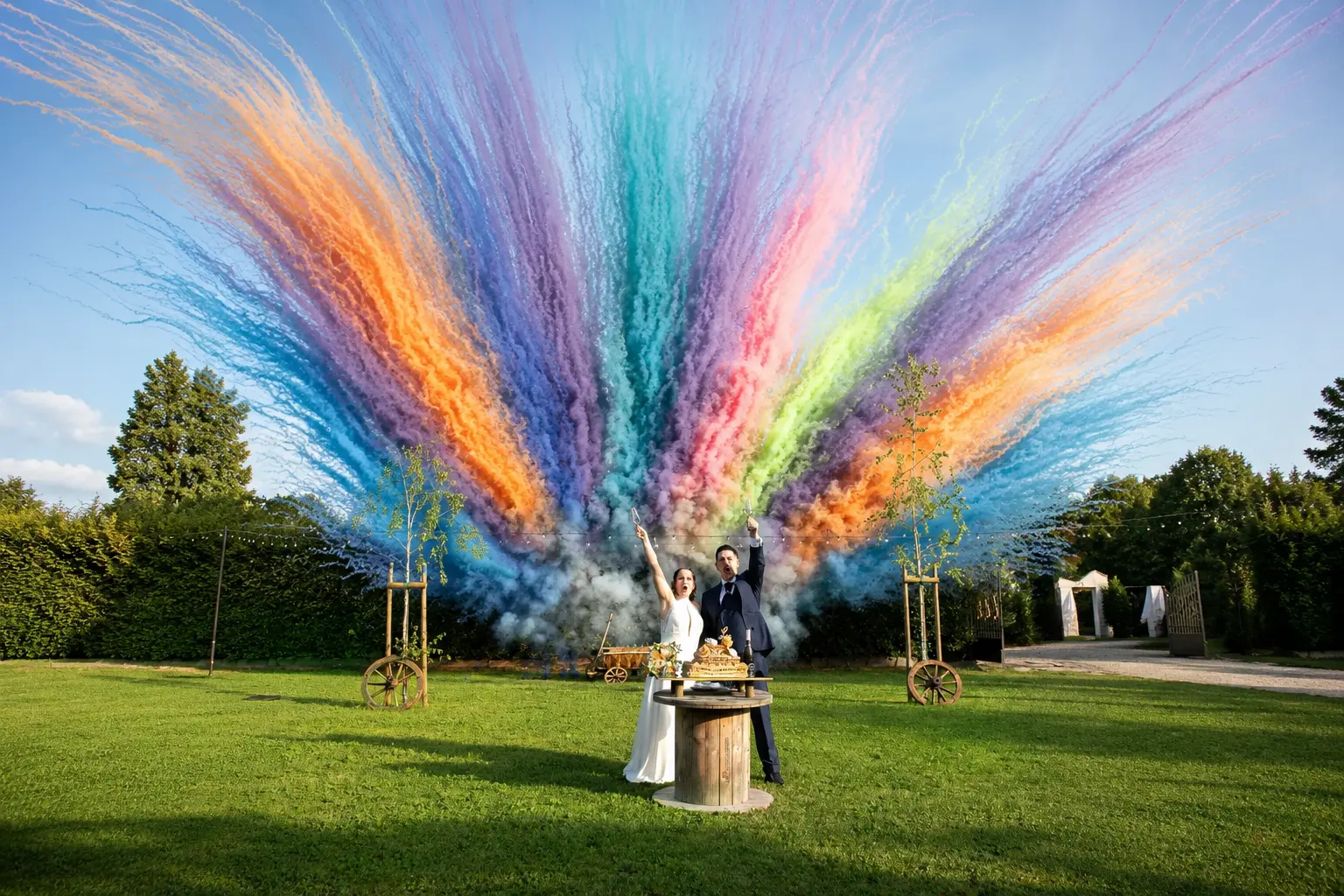Sposi festeggiano davanti alla torta nuziale con fumogeni colorati nel giardino