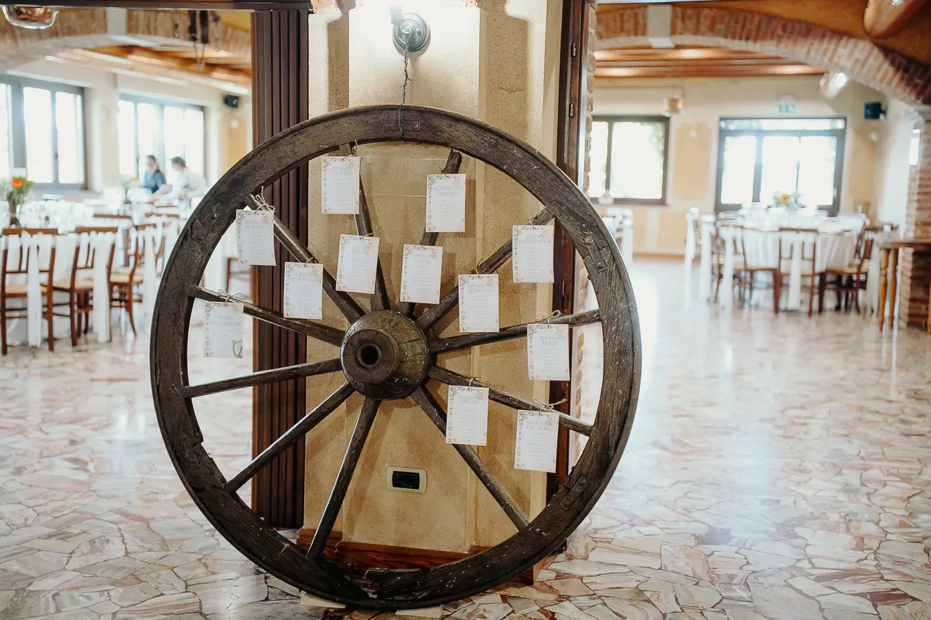 Tableau mariage realizzato su una ruota in legno nella Sala Volte a Oleggio
