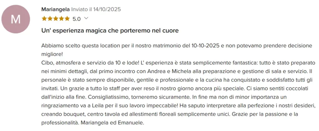 Recensione a 5 stelle sul cibo, il servizio e gli allestimenti di matrimonio all’Antico Ristoro del Ticino a Oleggio.