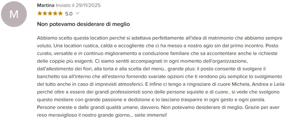 Recensione a 5 stelle di una coppia di sposi sull’Antico Ristoro del Ticino, location per matrimoni a Oleggio.