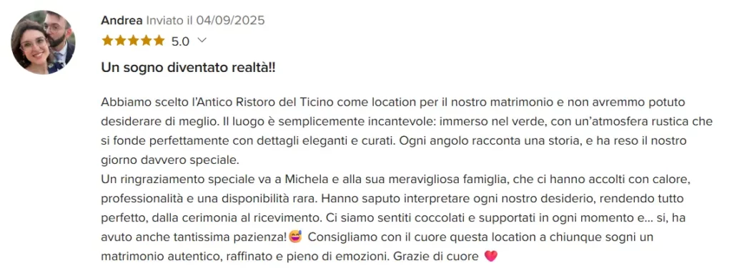 Recensione a 5 stelle di un matrimonio all’Antico Ristoro del Ticino a Oleggio, apprezzato per atmosfera, accoglienza e cura dei dettagli.