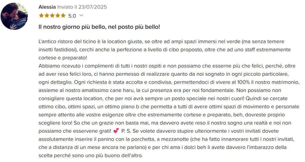 Recensione a 5 stelle di un matrimonio con cane all’Antico Ristoro del Ticino a Oleggio, con ampi spazi verdi, ottimo cibo e staff attento.