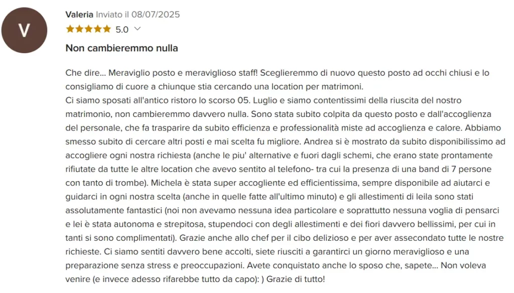 Recensione a 5 stelle di Valeria sul matrimonio personalizzato all’Antico Ristoro del Ticino a Oleggio, con staff disponibile, cucina apprezzata e allestimenti curati.